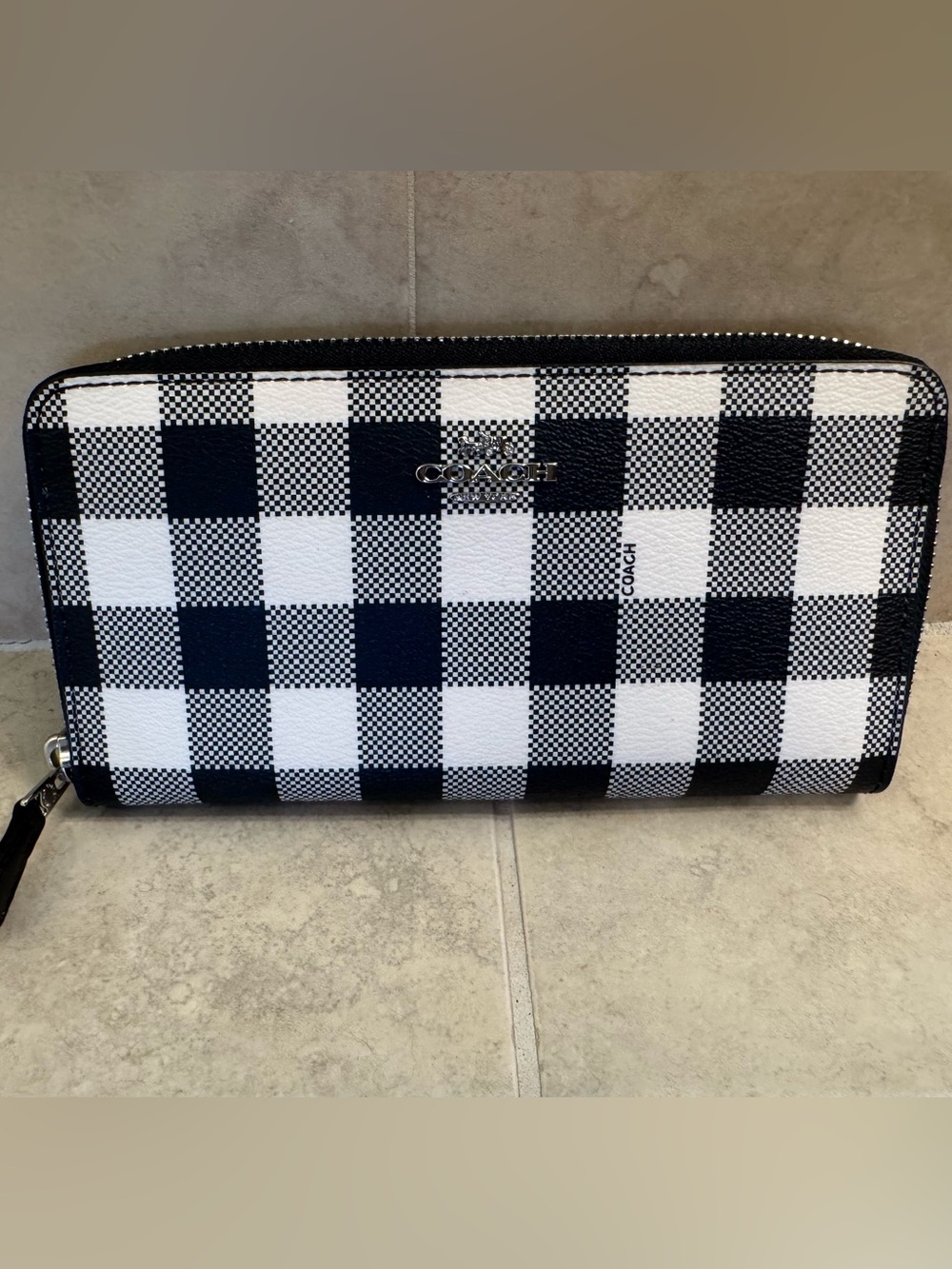Coach Black White Check Plaid Zip Around Wallet NWOT